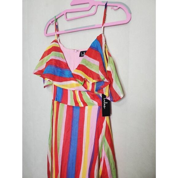 LuLus Multicolor Rainbow Striped Yacht Rock Off the Shoulder Wrap Midi Dress - Picture 6 of 10